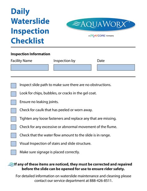 Waterslide Inspection Checklist Aquaworx