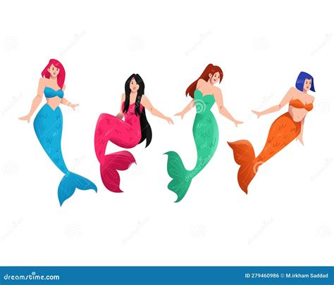 Set Of Beautiful Mermaid Women Flat Cartoon Vector Illustration Stock Vector Illustration Of