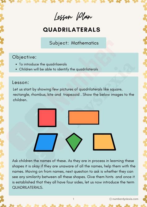 Printable Quadrilaterals Lesson Plan PDF Included Number Dyslexia