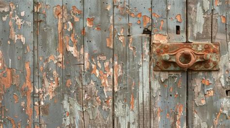 Textured Aged Wooden Door With Peeling Paint And Rusty Lock Premium