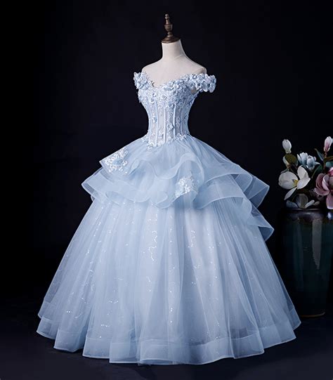 Blue Tulle Lace Long Prom Dress Off Shoulder Evening Formal Gown