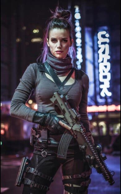 Mujer Guerrera Cyberpunk En El Paisaje Urbano Foto Premium