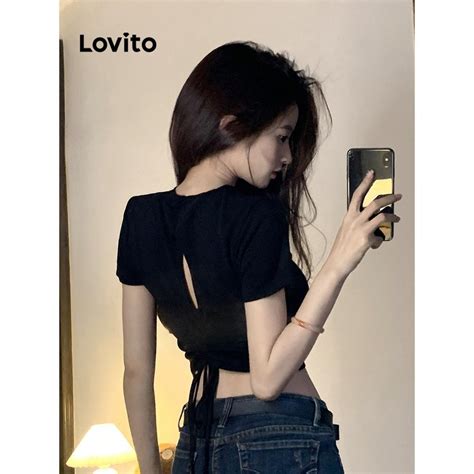 Lovito Camiseta Casual Recorte Liso Para Mulheres Lna Shopee