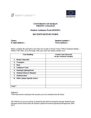 Fillable Online Tcd ESF Receipt Form Trinity College Dublin Tcd Fax