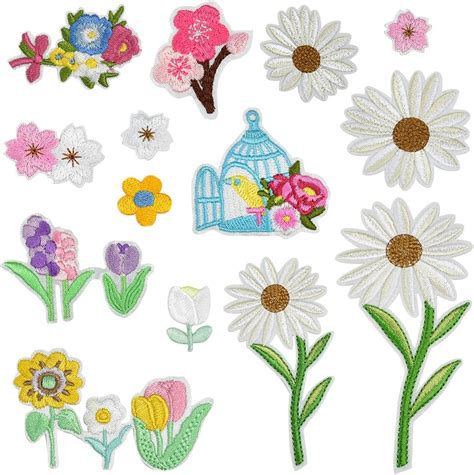 NAROSEBE 14 Stück Aufnäher Patches Blumen Aufbügel Bügelflicken Patches