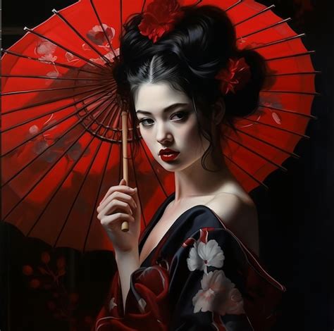 Premium Ai Image Hot Japanese Geisha With Red Umbrella