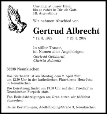 Traueranzeigen Von Gertrud Albrecht Saarbruecker Zeitung Trauer De