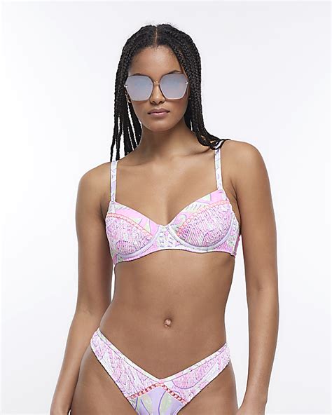 Purple Print Balconette Bikini Top River Island