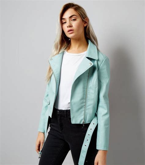 Petite Mint Green Leather Look Biker Jacket New Look Green Jacket