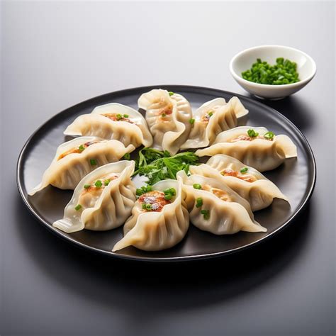 Gyoza Japanese Korean Dumplings On Gray Plate Isolated On A White