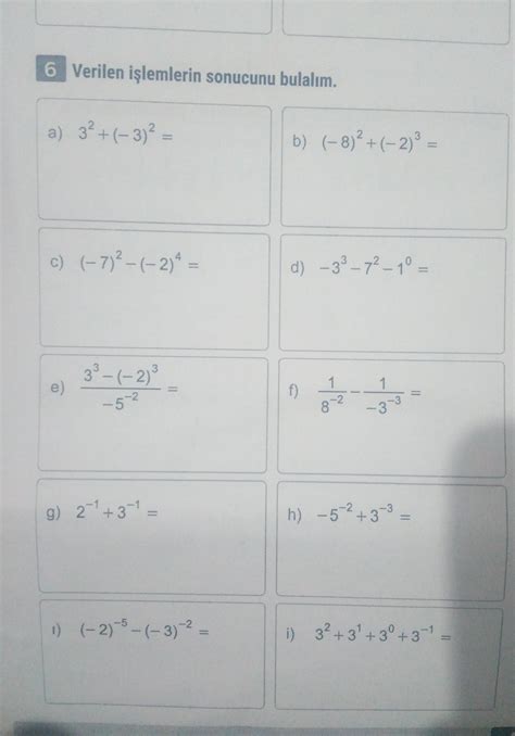 8 sınıf üslü ifadeler tam sayıların tam sayı kuvvetleri çalışma kağıdı