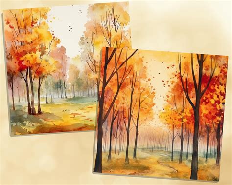 Printable Watercolor Autumn Forest Digital Papers Fall Trees Etsy