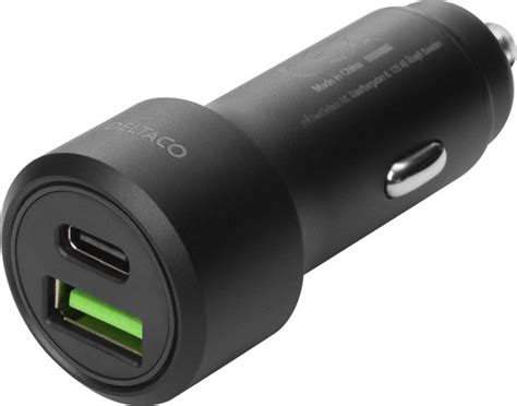 DELTACO USBC CAR122 Autolader USB En USB C Power Delivery 36W Zwart