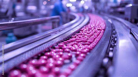 Pill Manufacturing Process On An Assembly Line Showcasing The Mass