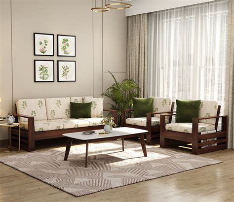 Buy Winster Printed Fabric Wooden Sofa Set Walnut Palm Leaf