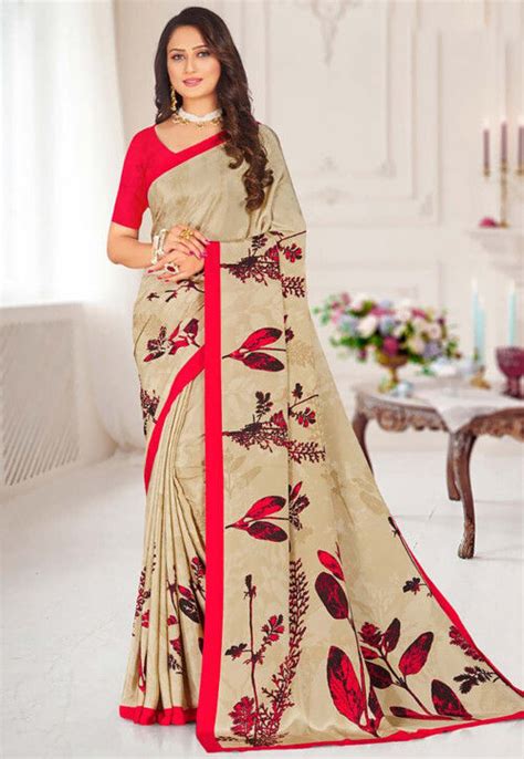 Buy Digital Printed Crepe Saree In Beige Online Ssea Utsav Fashion