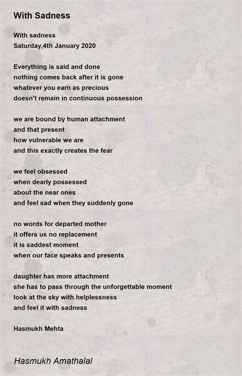 With Sadness - With Sadness Poem by Mehta Hasmukh Amathaal