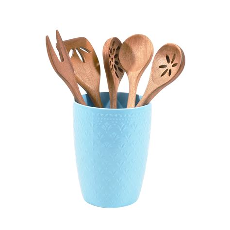 The Pioneer Woman 6 Piece Fleur Utensil Crock With Wood Tools Teal