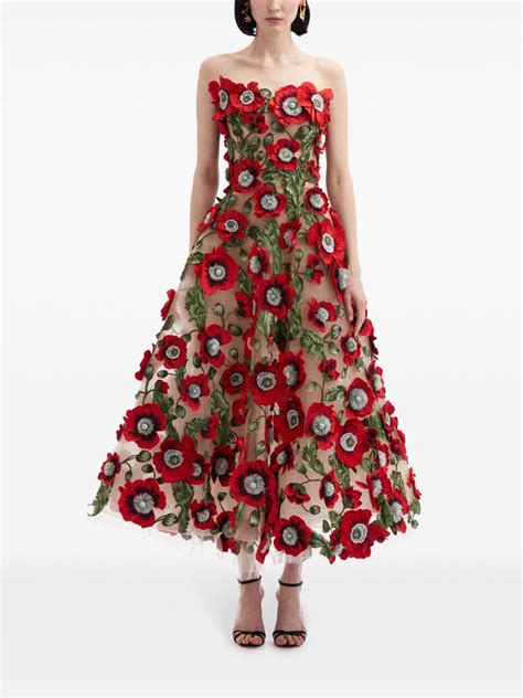 Oscar De La Renta Poppy Embroidered Midi Dress Red Farfetch Uk