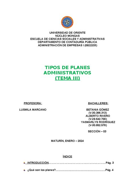 Tipos DE Planes Trabajo De La Materia Administracion De Empresa I