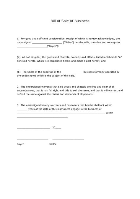 Small Business Bill Of Sale Template