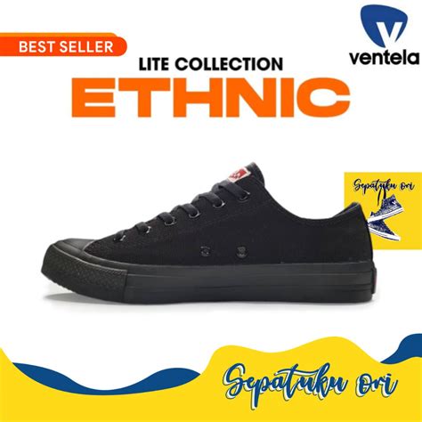 Jual Sepatu Ventela Ethnic Low Black Natural White Full All Black