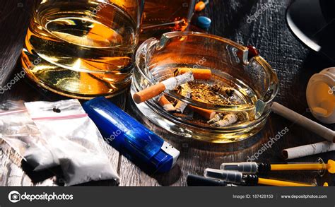 Addictive substances, including alcohol, cigarettes and drugs — Stock Photo © monticello #187428150