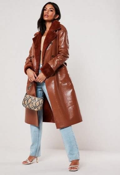 Missguided Rust Vinyl Faux Fur Double Breasted Coat Tie Waist Winter