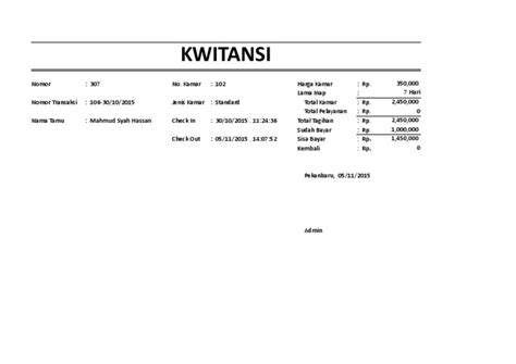Kwitansi Pembayaran Penginapan Hotel | PDF