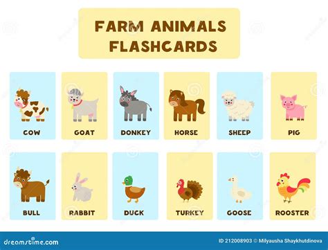 Farm Animals With Names Flash Cards For Kids Stock Vector