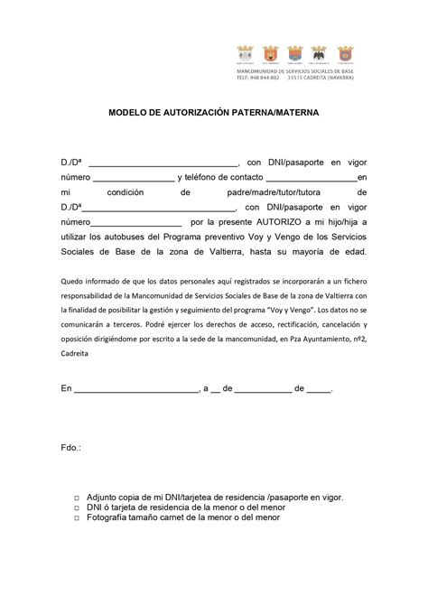 Autorizaci N Paterna Materna Mancomunidad Servicio Social De Base