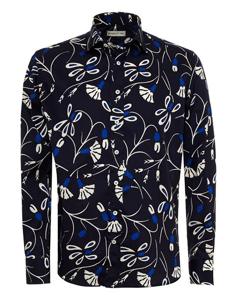 Etro Mens Abstract Floral Print Shirt Regular Fit Navy Blue Shirt