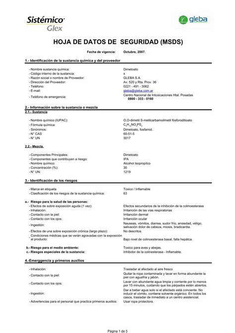 PDF HOJA DE DATOS DE SEGURIDAD MSDS Gleba glex pdf Página 1 de