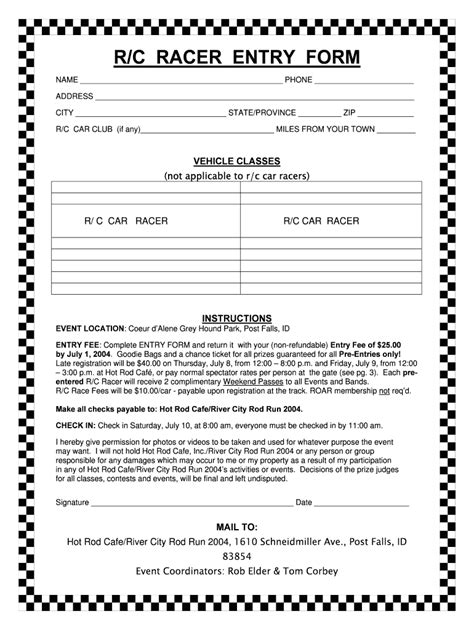 Fillable Online R C Racer Entry Form Rc Tech Fax Email Print Pdffiller