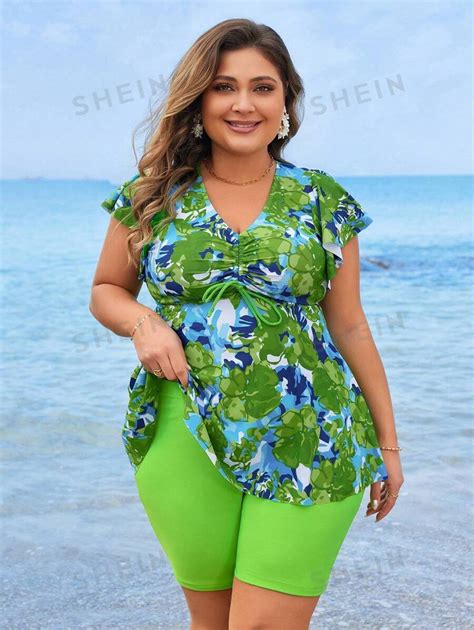 Shein Swim Lushore Summer Beach Plus Size Floral Ruffled Bikini Set