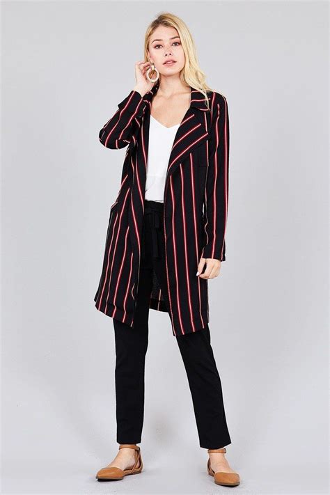 Ladies Fashion Long Sleeve Notched Collar Wwaist Belt Multi Striped