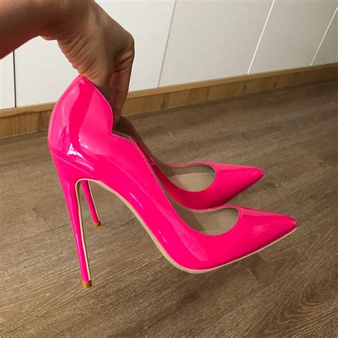 Veowalk Pink Curl Upper Women Patent Pointed Toe Stiletto High Heels ...