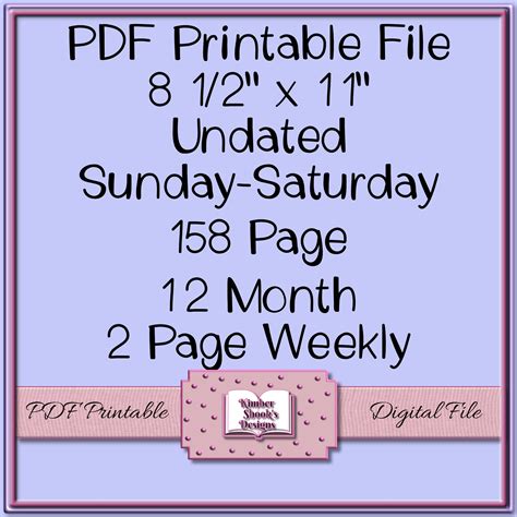 12 Month Weekly PDF Printable Planner Digital Sunday - Etsy