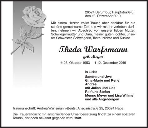 Traueranzeigen Von Theda Warfsmann OK Trauer De