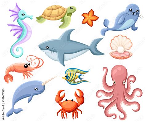 Cute vector sea creatures. Cartoon smiling sea animals. Co ored sea ...