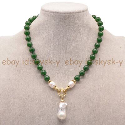 Natural Mm Deep Green Jade White Keshi Baroque Pearl Pendant