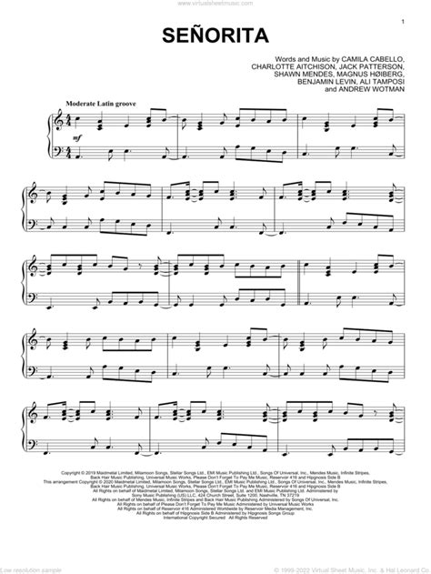 Shawn Mendes And Camila Cabello Senorita Sheet Music For Piano Solo