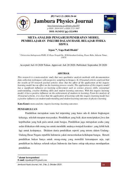 Pdf Meta Analisis Pengaruh Penerapan Model Pembelajaran Inkuiri Dalam