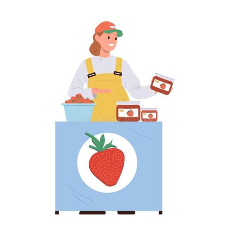 Saleswoman Cartoon Character Selling Fresh Ripe Strawberry At Street