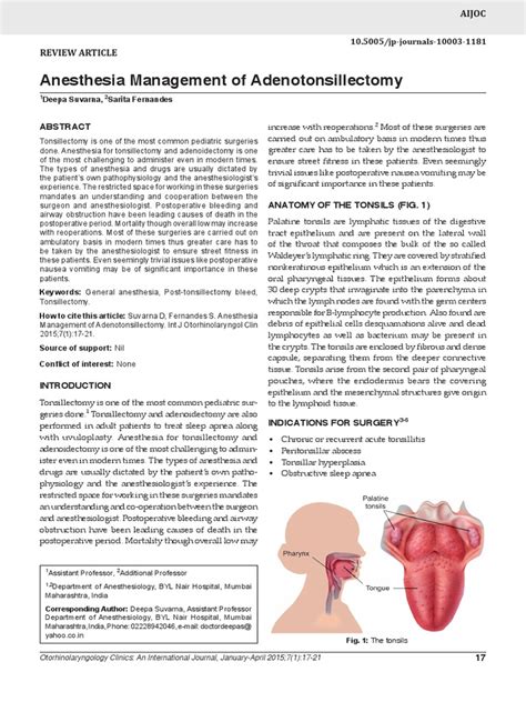 Anesthesia Management Of Adenotonsillectomy Pdf Anesthesia Surgery