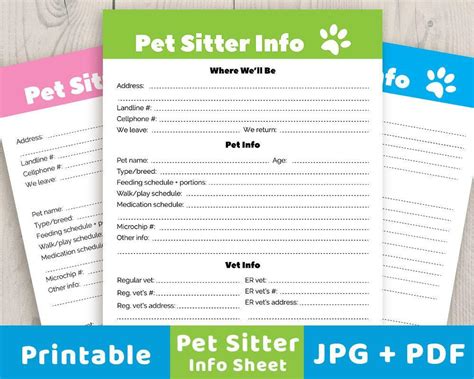 Pet Sitter Info Sheet Printable The Digital Download Shop