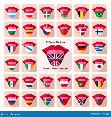 Tongues Flat Language Icons With Country Flags Stock Vector