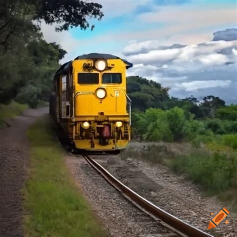 Trem De Passageiros Amarelo Passando Por Uma Floresta On Craiyon