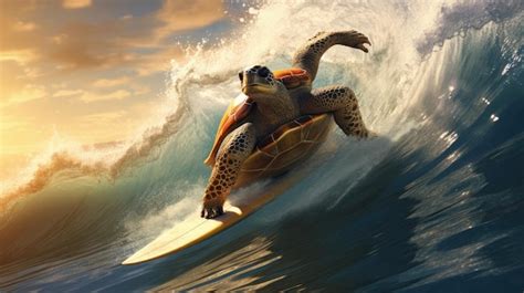 Une Tortue Sur Une Planche De Surf Dans L Eau Avec Le Soleil Derri Re