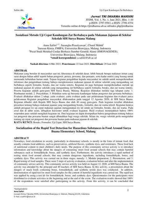Pdf Sosialisasi Metode Uji Cepat Kandungan Zat Berbahaya Pada Makanan